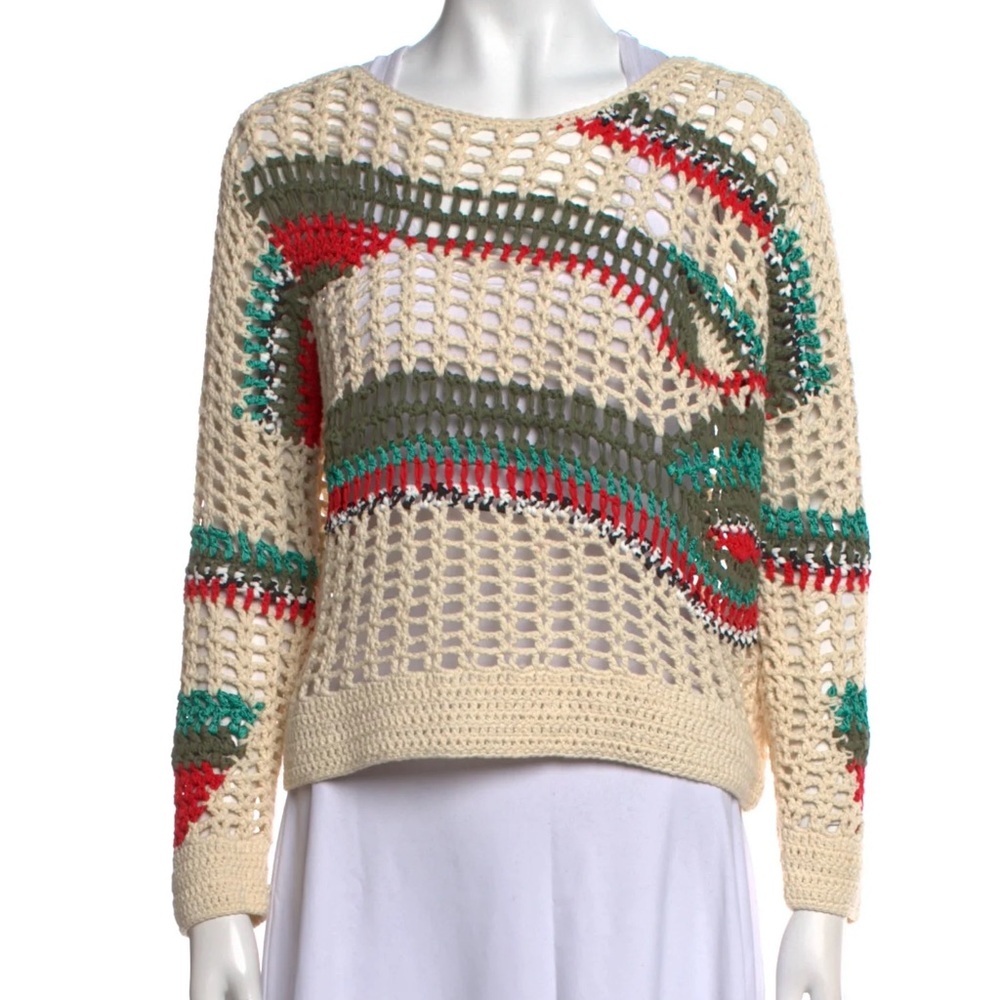 Sandro‎ Paris Knit Steiped Cream and Multicolor Crochet Crew Neck Sweater Size 2